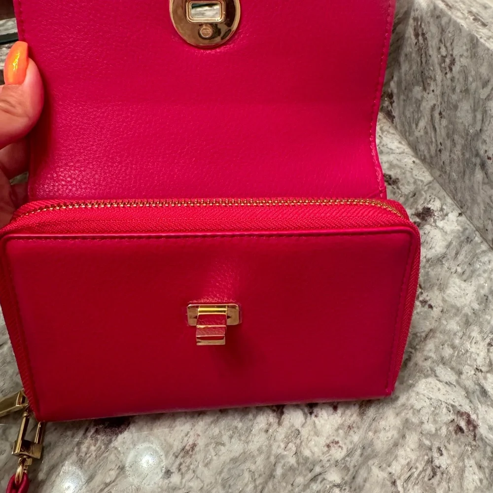 Tory Burch Hot Pink Leather Wristlet with Gold Logo